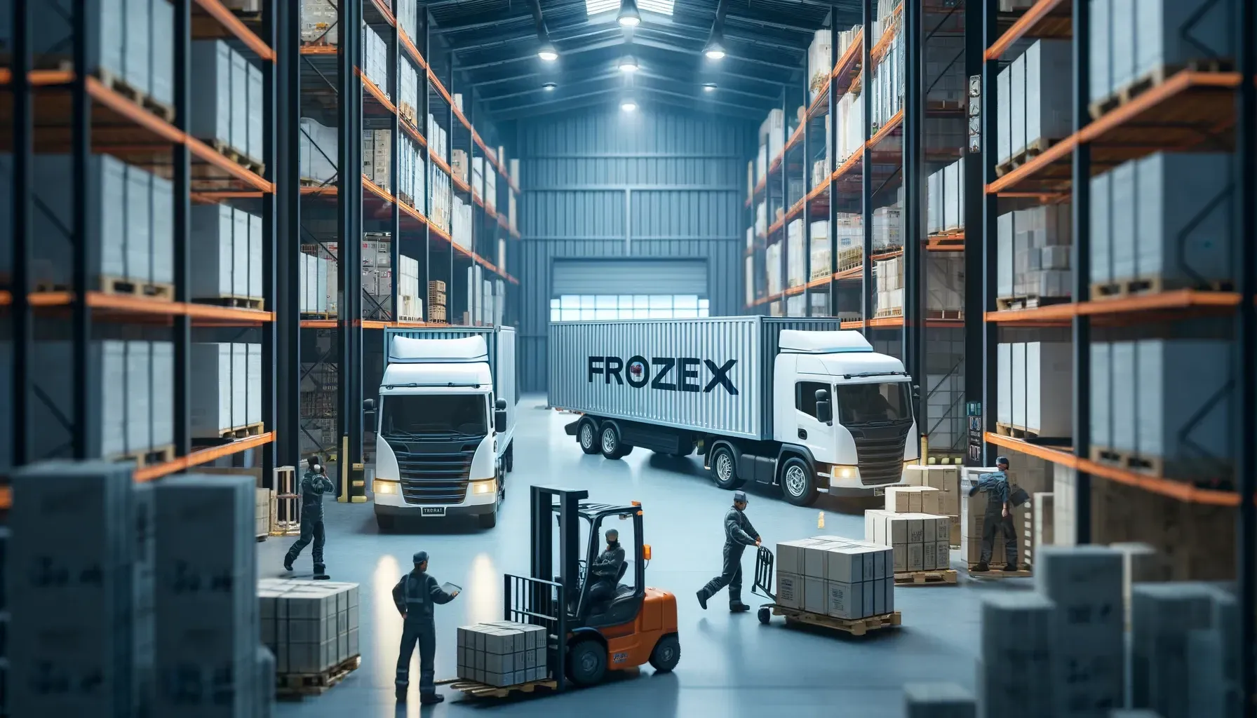 Palety z materiałami budowlanymi mocowane pasami w naczepie Frozex